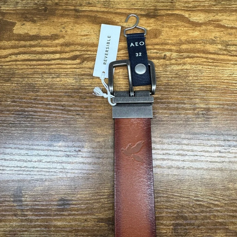 NEW American Eagle Mens Reversible Buffalo Leather Belt Black Brown Size 32